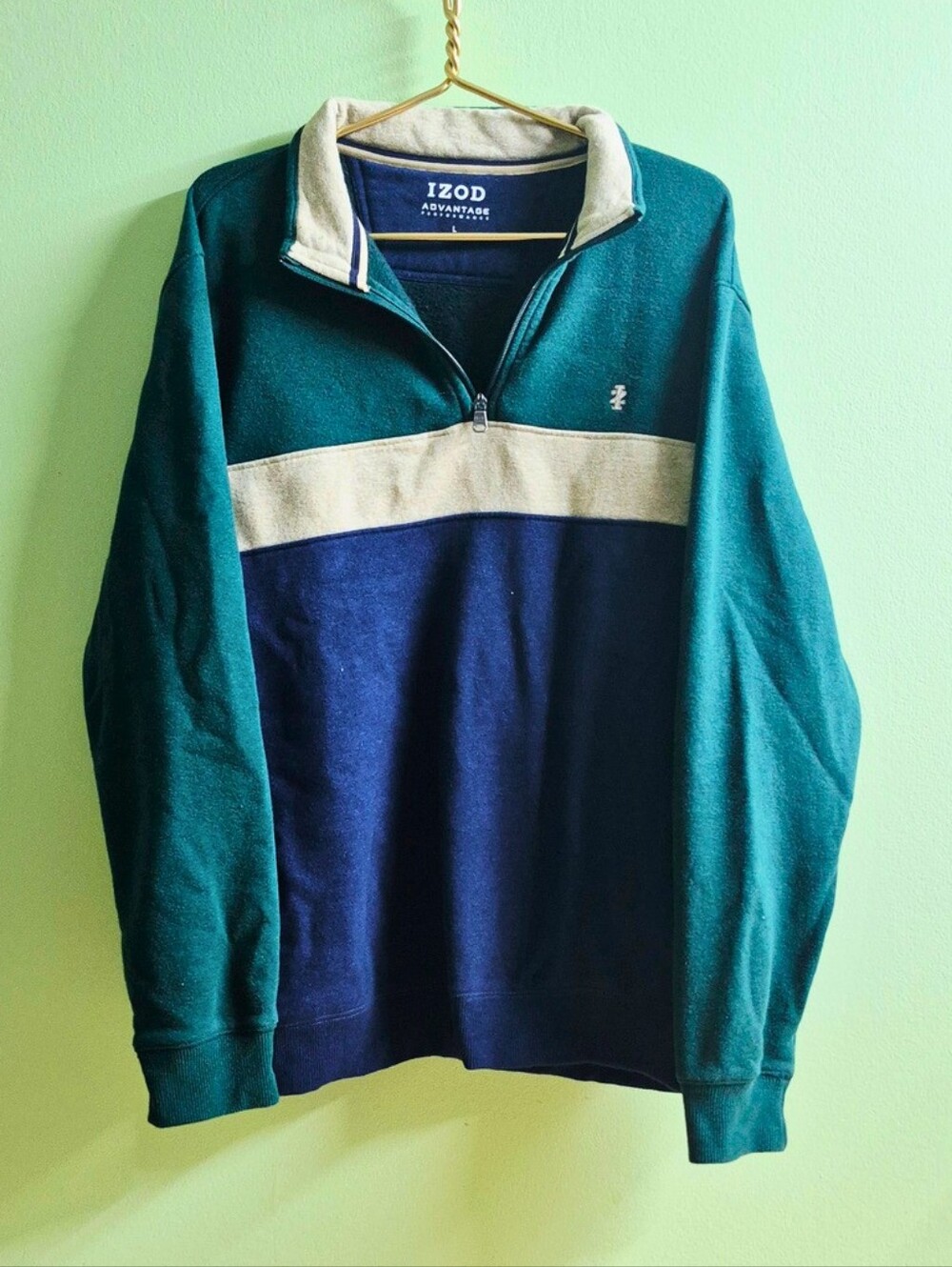 Izod Green & Navy Zip-Front Pullover